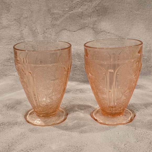 Jeanette Glass Co. Other - Vintage Jeannette Pink Cherry Blossom Tumblers 4.5" Scalloped Footed AOP Set of2